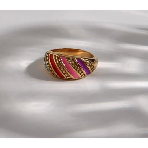 2021 New Bohemian Red Pink Colorful Enamel Stripe Dots Croissant Ring For Ladies Stainless Steel Gold Plated Chunky Ring