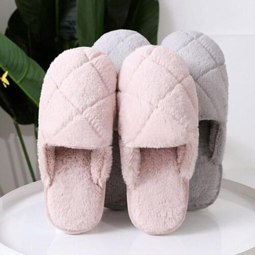 Winter Plush Home Women Fur Slippers Rhombic Warm Flock Plush Ladies Flat Shoes Bedroom Couples House Furry Slippers Male