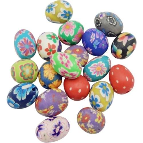 Julie Wang 10PCS Oval Beads Polymer Clay Flower Pattern Spacer Beads Random Color Necklace Bracelet Jewelry Making Accessory