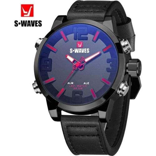 Dual Display Watch Men Leather LED Fashion Analog Digital Relojes Para Hombre Waterproof Big Brand SWAVES Unique Watches for Men