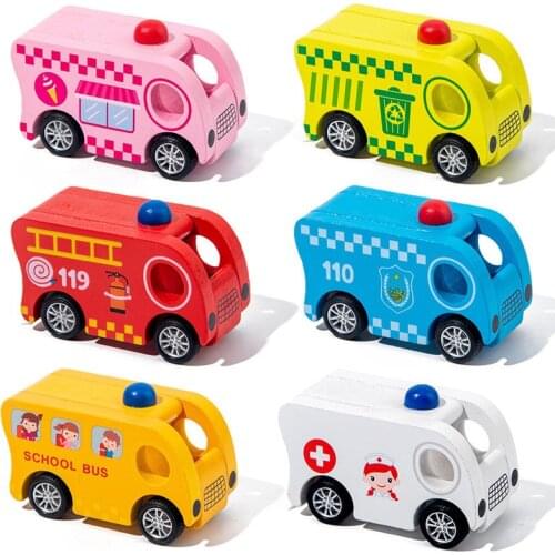 Wooden Mini Cartoon Pull Back Car Toy Inertial School Bus Fire Truck Model Educational Car Toys for Baby Kids Birthday Giifts