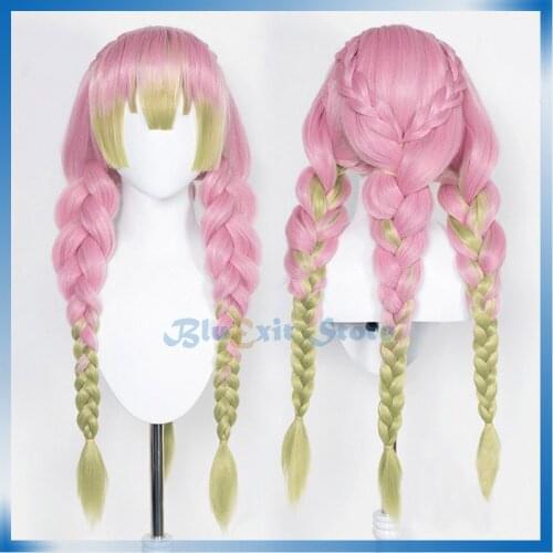 Kanroji Mitsuri Wig Three Ponytails Braids Long Thick Braided Pink Green Cosplay Hair Role Play