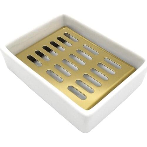 Ceramic Soap Dish Stainless Steel Soap Holder For Bathroom And Shower Double Layer Draining Soap Box (White+Gold)