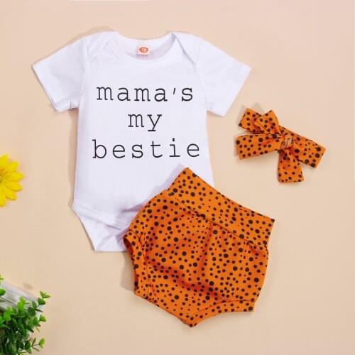 3Pcs Baby Girls Outfit, Summer Short Sleeve Round Collar Letter Romper + Dot Printing Shorts + Bow Headwear Set