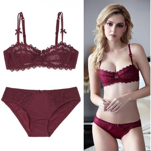 New Sexy Lace Hollow Embroidery Bra And Panties Set Sheer See Through Womens Underwear 1/2 Cup Water-Soluble Lingerie