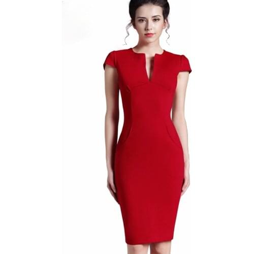 Summer fashion red deep v-neck pencil slim short-sleeved dress