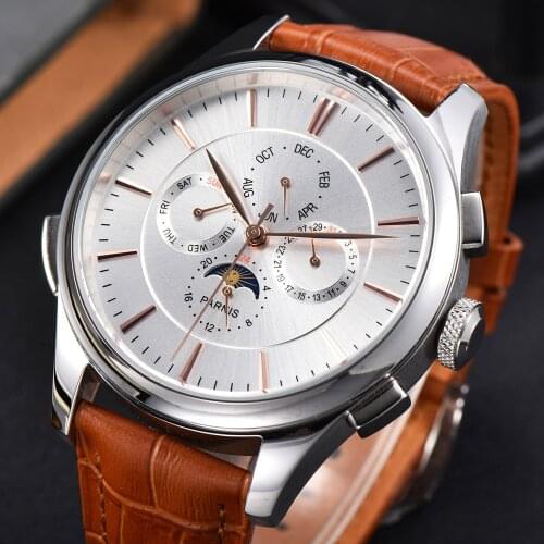 Parnis 44mm White Dial Automatic Mechanical Mens Watch Date indicator week display Moon Phase Multifunction Wristwatch Men