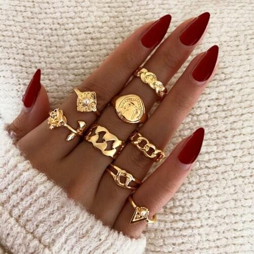 Bohemian Gold Chain Rose Flower Rings Set Fashion Geometric Pearl Rings for Women Trend Jewelry Accessories