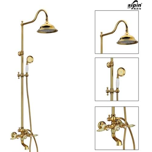 Bathroom Wall Mounted Golden Finished Brass Shower Faucet Set Rainfall bath Shower Tub Mixer Tap with Handheld Shower Head