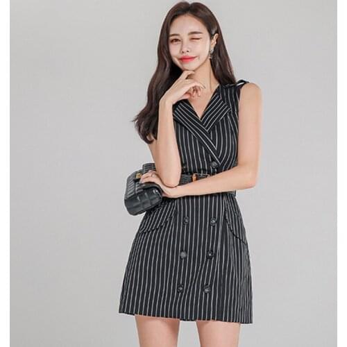 New 2021 Womens Sleeveless Double-Breasted white Black Stripe Mini Party Office Dress Female Summer Fashion Clothing With Belt
