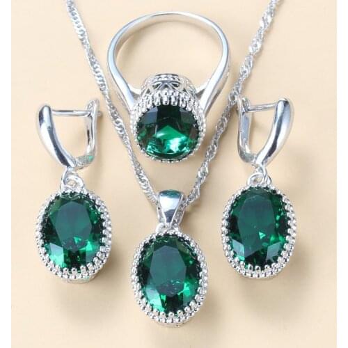Wholesale Price 8-Colors Silver Color Women Bridal Jewelry Sets Green Stone CZ Dangle/Earrings/Necklace And Ring Sets