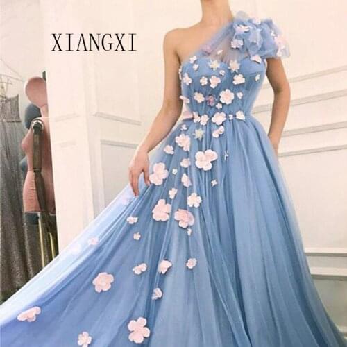 LORIE Prom Dresses Blue 2020 One Shoulder Prom Dress Long 3D Flowers Appliques Evening Homecoming Party
