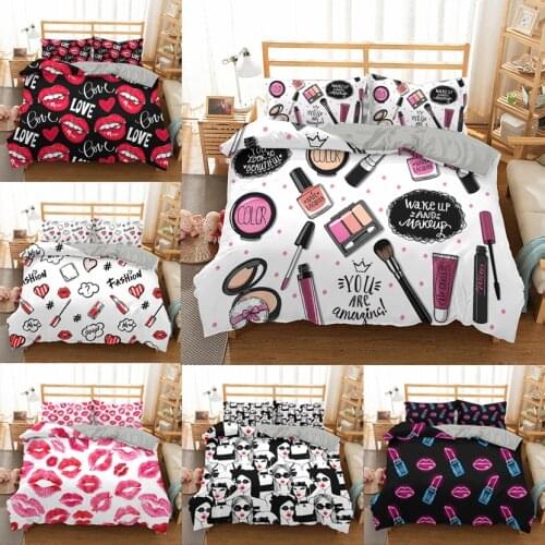 Luxury Makeup Lipstick Bedding Set Cosmetic Pink Duvet Cover Girls Women Bed Set Home Textiles Bedclothes 2/3pcs