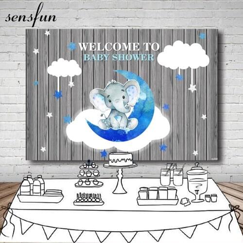 Sensfun Wood Elephant Baby Shower Photography Backgrounds Clouds Little Stars Grey Backdrops For Photo Studio 7x5ft Vinyl
