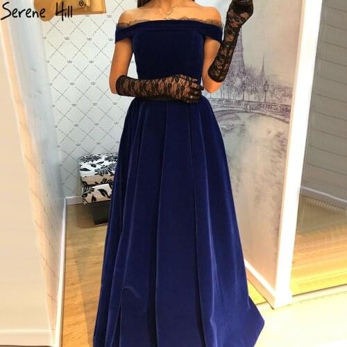 Serene Hill Blue Velour Off Shoulder Evening Dresses Gowns 2021 Simple Sexy A-Line For Women Party LA70882