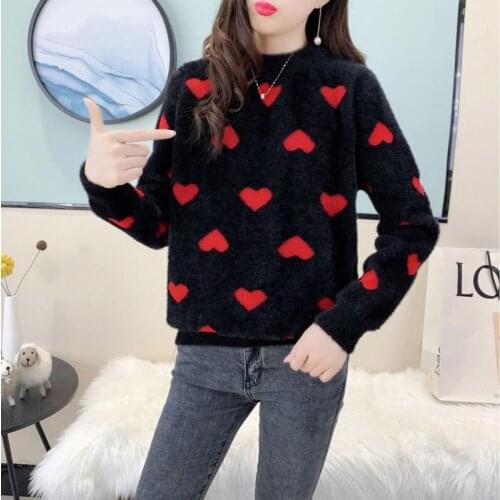 Sweater Pullovers Women Heart Kawaii Black Long Sleeve Tops Pull Korean Fashion Sueters De Mujer Autumn Jersey Jumper Clothes