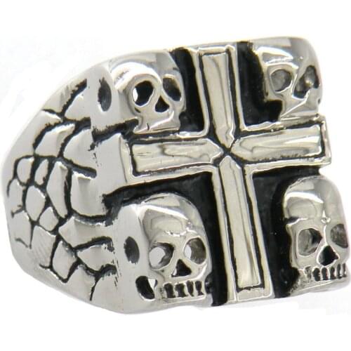 Fanssteel Stainless Steel Jewelry 4 SKULLS CROSS SIGNET BIKER RING FSR02W75