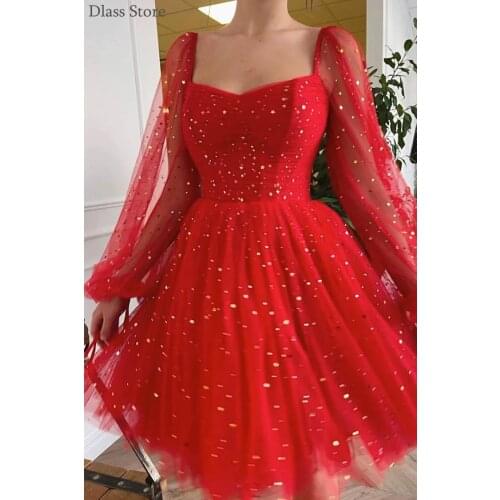 Wine Red 2021 Homecomign Dress Short Length Square Neck Cap Sleeves Tulle Sequins Simple Cocktail Gown vestidos de graduación