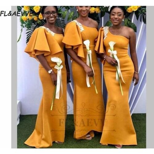 Yellow Mermaid Bridesmaid Dresses One Shoulder 2021 South African Bridesmaid Dress Black Girls Lace Up Back Wedding Party Gowns