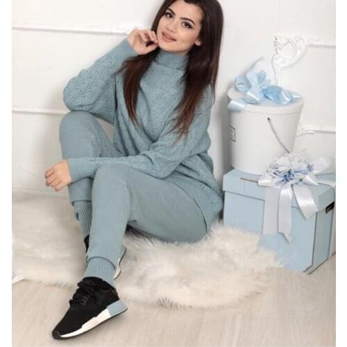 Women sweater suit Casual Autumn Winter 2PCS Track Suit Fashion female Knitted Trousers+Jumper Tops Costume Clothing Set