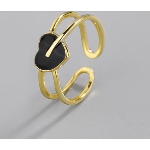 VENTFILLE 925 Sterling Silver Rings for Women Black Love Heart Accessories Trendy Elegant Charming Double Layer Party Jewelry