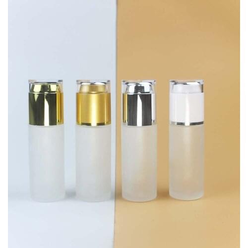 100pcs 50ml glass frosted lotion pump bottle cosmetic skin cream packaging container with acrylic plastic lid Gold silver cap