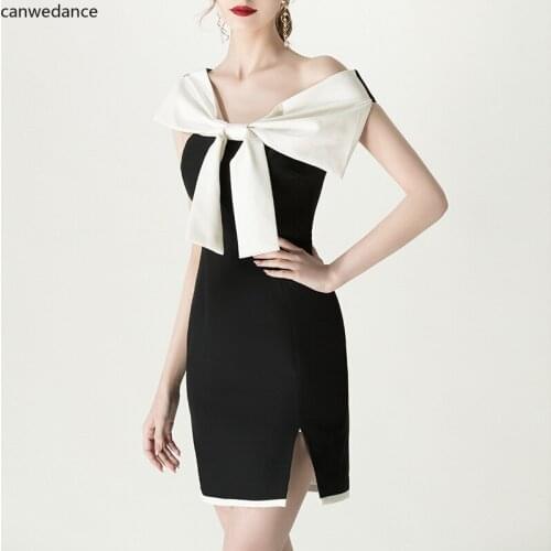 2020 Black Party Dresses French Hepburn Style Sexy Slash Neck Off The Shoulder Plus Size Dress Vintage Bow Ladies Dresses