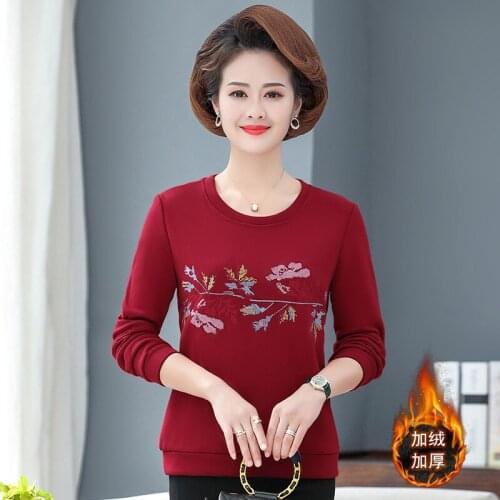 Velvet Women T-Shirt Autumn Winter Warm Bottom Pullover Vintage Printed Middle Age Mother Clothes Long Sleeve Tee Tops