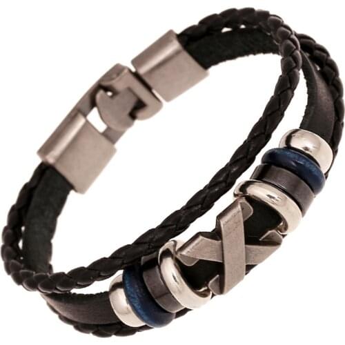 New Retro Vintage Punk Brown White Alloy Charm Beaded Cuff Weave Men Leather Bracelets For Women Men Feme Jewelry Wholesale