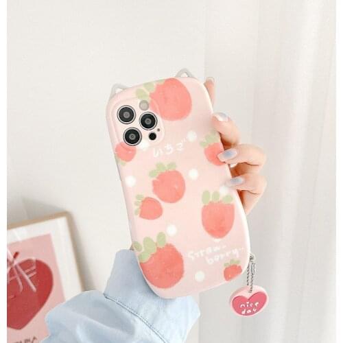 Sumkeymi 3D Cute Cat Ear Model Pendant Phone Case For iPhone 12 11 Pro Max 7 8 Plus X XR XS Max Cover Cute Strawberry Silicone