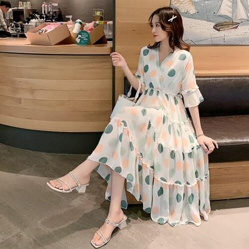 Moms Slim V-neck Nursing Long Dress Summer Fashion Dot Chiffon Maternity Nursing Dress for Pregnant Women Pregnancy Clothes Hot