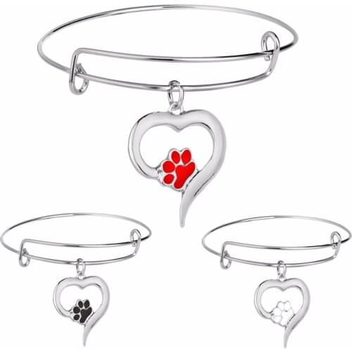 3 Colors Enamel Pet Paw Print Bangles Cute Animal Dog Cat Memorial Jewelry Pet Lover Paw Heart Charm Bracelets Women Girls Gifts