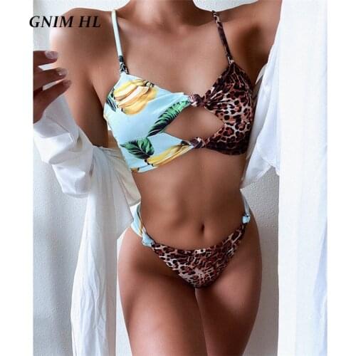 GNIM Sexy Swimwear Women Leopard Bikini Mujer 2021 Summer Halter Hollow Out Swimsuit Female 2 Pieces Swim Bathing Suit Biquinis