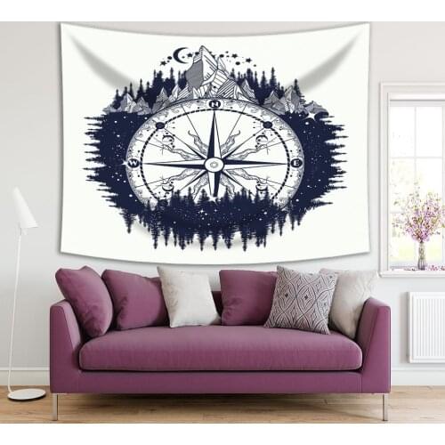 Tapestry Mountain Pine Trees Forest Around Antique Compass Wind Rose Travel Adventure Theme Art Dark Blue White
