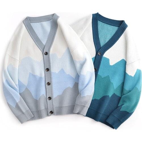 2022 Mens Winter Casual Long Sleeve Loose White Ribbed Pattern Hemline Cardigan Sweater Teenagers V-neck Loose Jacquard Sweater