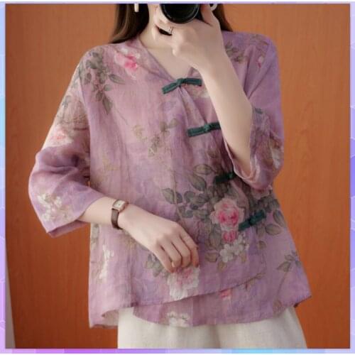 Chinese Style Retro T-shirt womens Plus Size T-shirts 2021 Summer V-neck Floral Top With Button Sleeves Cotton And Linen Shirt