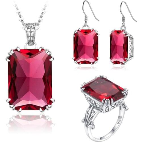 Szjinao Genuine 925 Silver Jewelry Set For Women Sparkling Red Ruby Pendant Earrings Ring Set Delicate Luxury Party Fine Jewelry