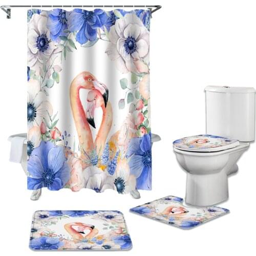 Flamingo Purple Flowers Leaves Shower Curtain Set Carpet Cover Toilet Cover Bath Mat Home Decor Bathroom Curtain