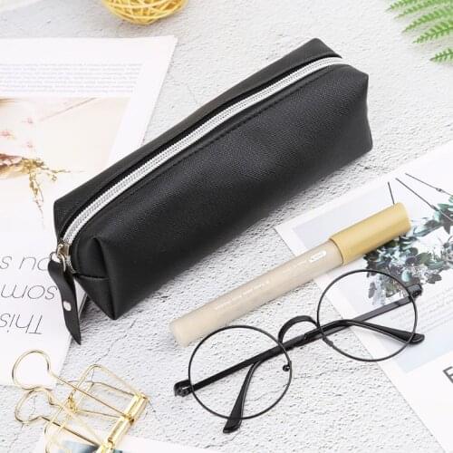 New Leather Makeup black Bag Case Pen Pencil Pouch Stationery Box with large capacity