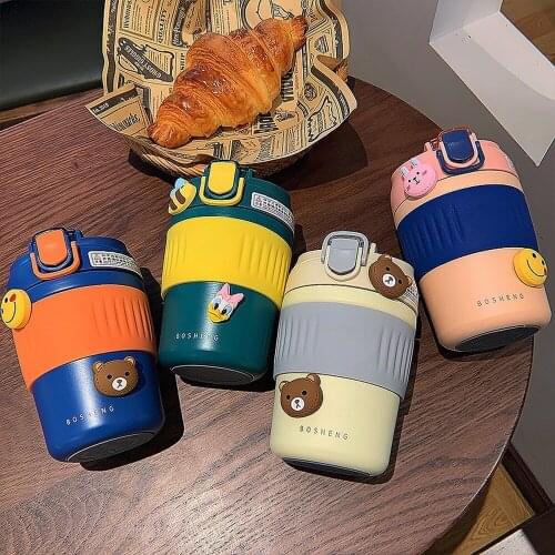 New Portable Direct Drink & Straw Dual-Use Coffee Thermos Cup Cute Cartoon Tumbler 304 Stainless Steel Milky Tea Cup 350 & 480ml