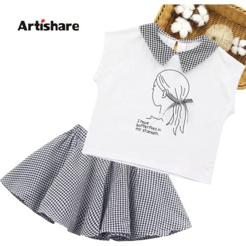 Clothes For Girls Vest + Plaid Skirt Costume For Girls Floral Pattern Clothes For Girls Summer Tracksuits For Children 6 8 10 12