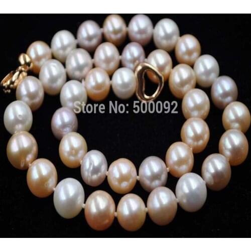 Natural 10-11mm near round white pink purple freshwater pearl necklace