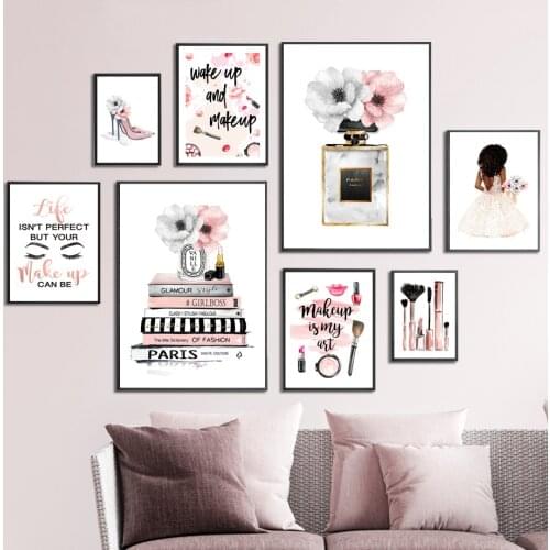Perfume Lipstick Heels Book Eyelash Makeup Brush Art Canvas Painting Nordic Posters And Prints Wall Pictures Living Room Decor
