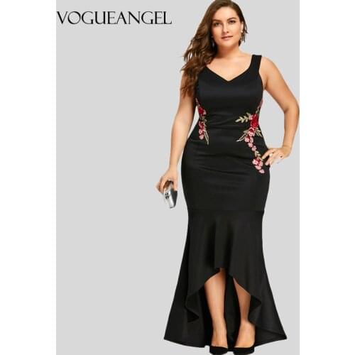 Embroidery Roses Mermaid Plus Size 5XL Dress Maxi Sexy Black Tank V Neck Long Elegant Party Female Dress Evening Wear