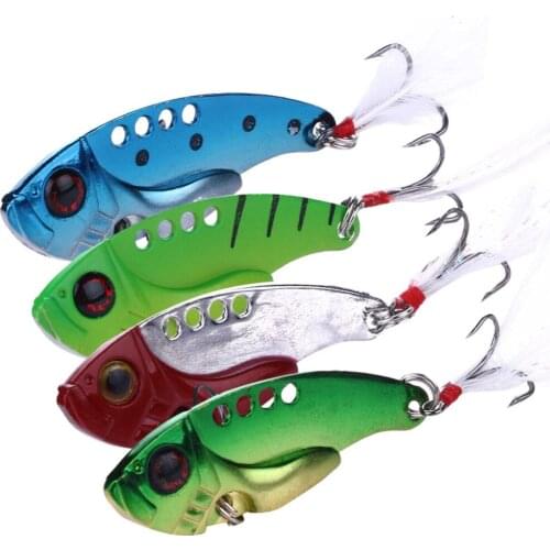 4pcs/Lot Metal VIB Fishing Lures 11G 5.5CM Vibration Spoon Lure Crankbait Bass Artificial Hard Baits with Feather