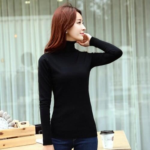 2021 Sale Autumn And Winter New High-collar Pure-color Womens Pullover, Slim Long-sleeved Knitted Shirt Bottom Blouse F0147