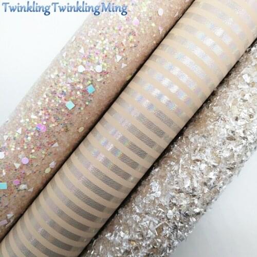 BEIGE Glitter Fabirc, Faux Leather Fabric, Stripes Synthetic Leather Fabric Sheets For Bow A4 21x29CM Twinkling Ming XM647