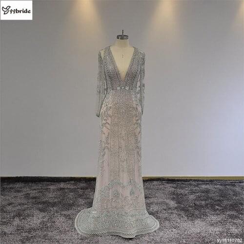 Elegant New Fashion Straight Actual Prom Dresses Formal Celebrity Gowns V-neck Long Sleeves Luxury Crystals Evening Dresses