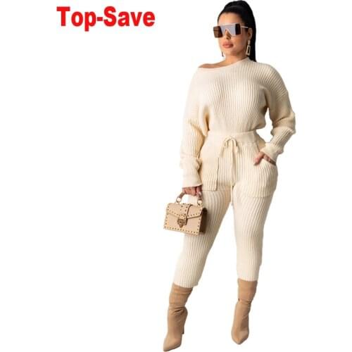 High Quality Elegant Two Piece Set Pullover Sweater Tracksuit Women High Waist Knitted Pencil Pants Ribbed Street Wear Casual