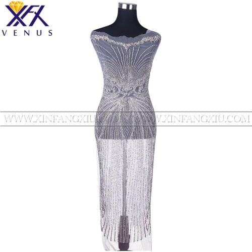 XFX VENUS 1 Piece Silver Long beaded Wedding applique crystal beaded rhinestones applique Long patches for wedding beads bodice